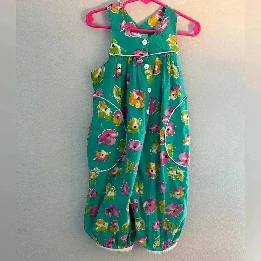 Vintage Baby Cary Jumpsuit Size 4T Green Floral Retro Pockets Made in USA